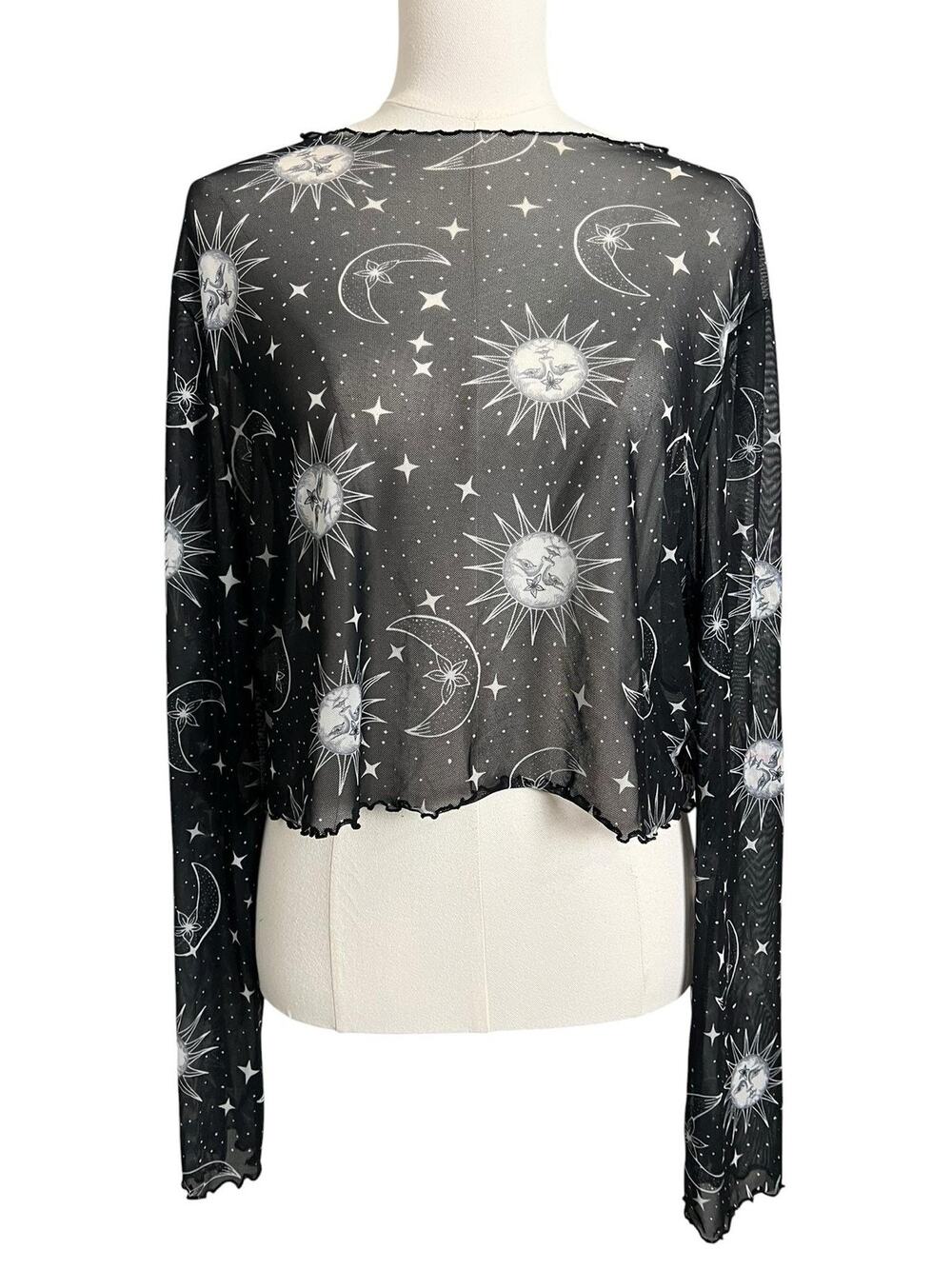 Celestial Mesh Blouse Womens 2XL Plus Black Sheer Long Sleeve Crop Top Goth Y2K